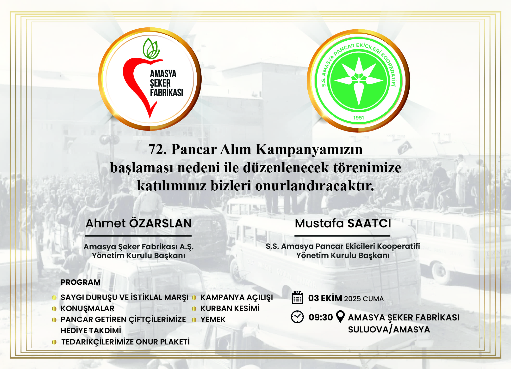ŞEKER FABRİKASI 72. YILI AÇILIŞ KAMPANYASINA DAVET